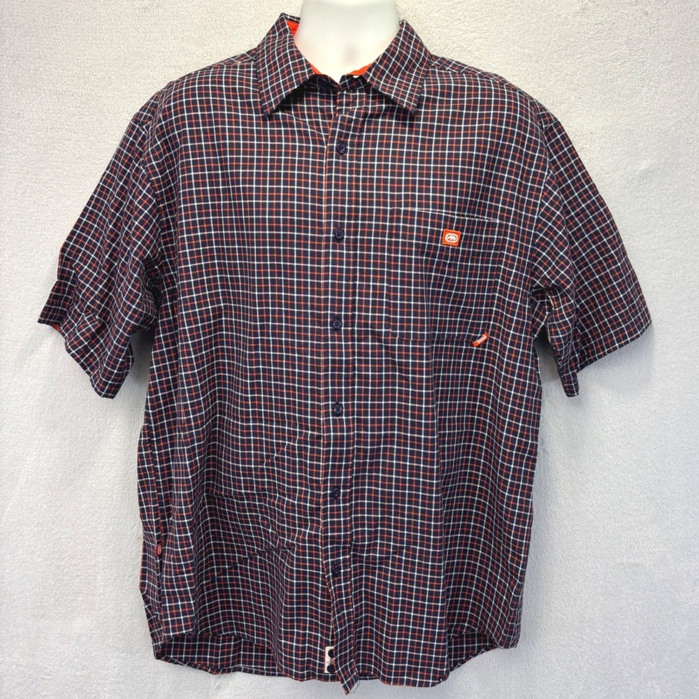 Ecko Unltd The Dwyer Button Up Shirt Mens Large Blue Orange Plaid Short Sleeve